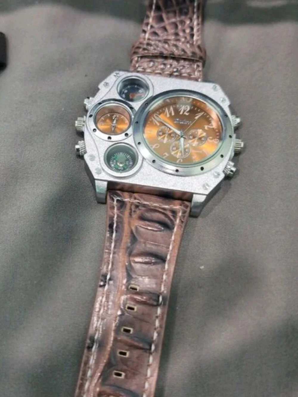 Men's Chunky Multi-Dial Watch with Brown Leather Strap